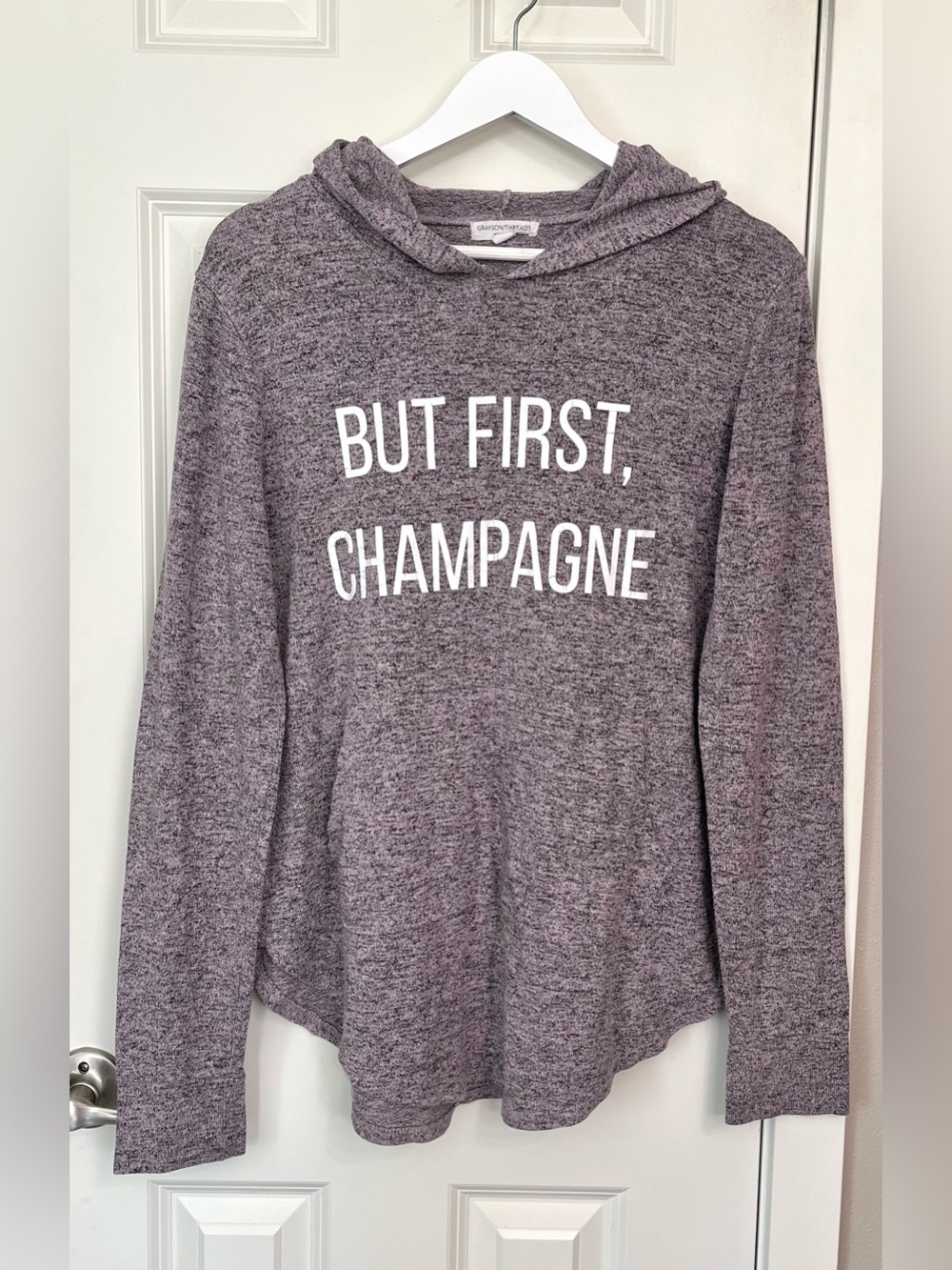 Grayson Threads Gray Marl "BUT FIRST, CHAMPAGNE" Hooded Pullover